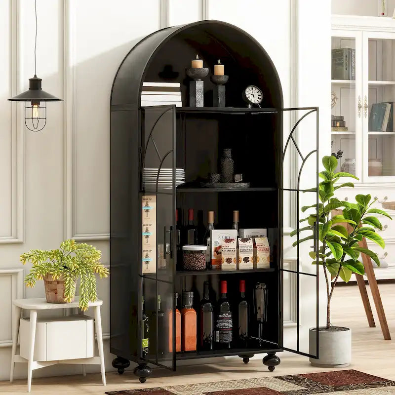Arched Storage Cabinet with Glass Doors and Open Display Shelves