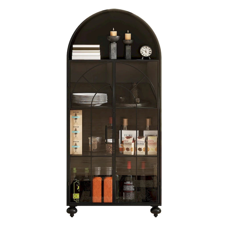 Arched Storage Cabinet with Glass Doors and Open Display Shelves