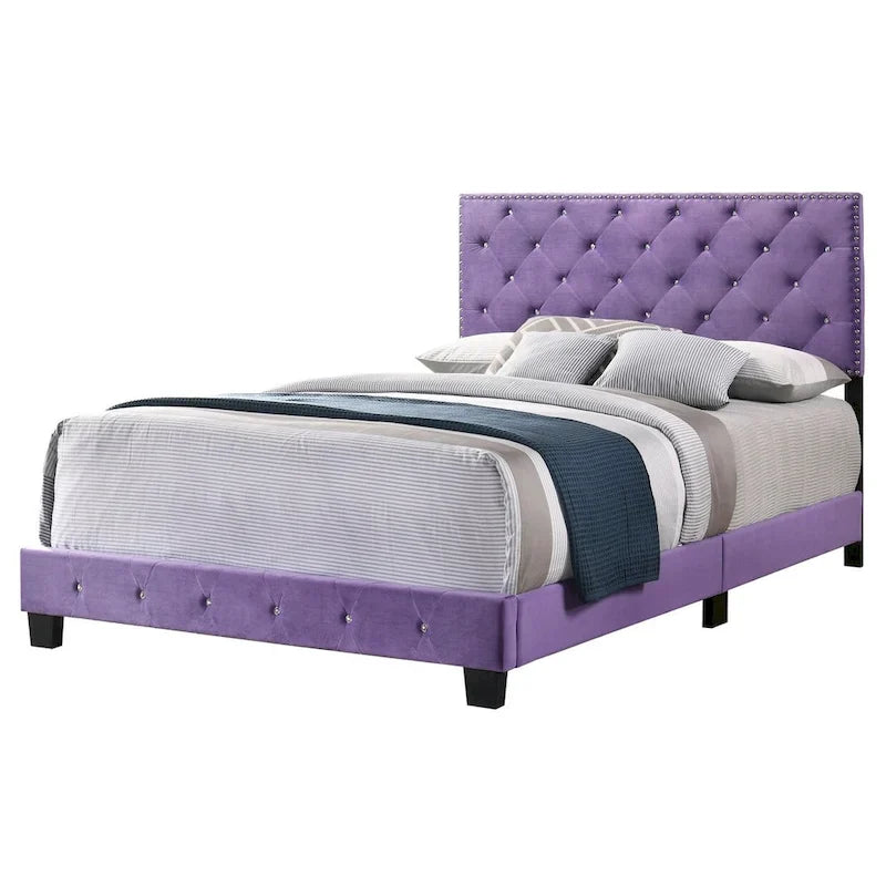 Tufted Velvet Upholstered Queen Panel Bed with Faux Jewel Accents - Purple