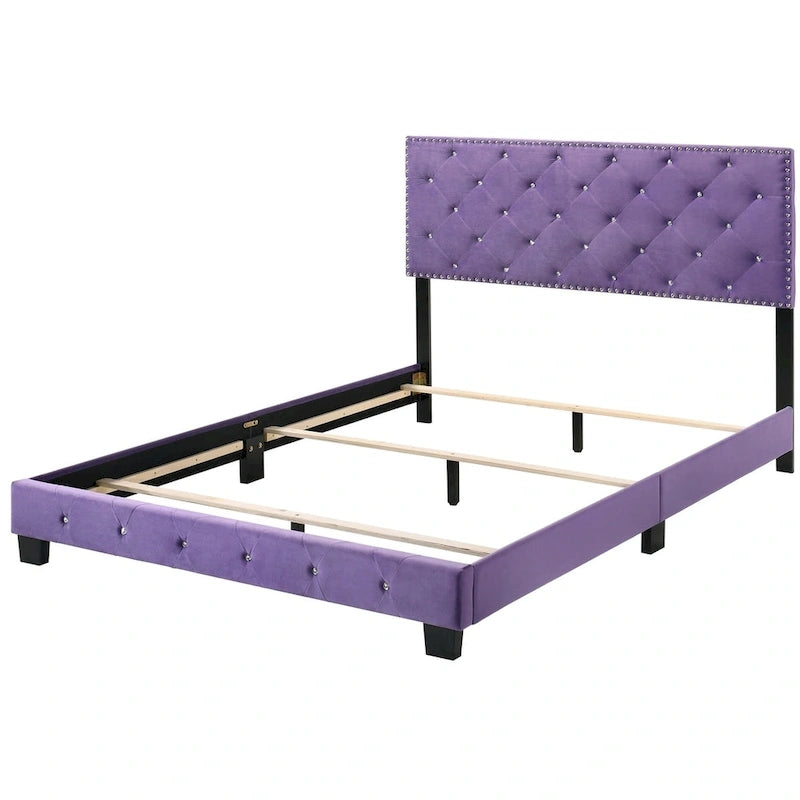 Lit queen-size capitonné revêtu de velours avec accents en faux bijoux - violet