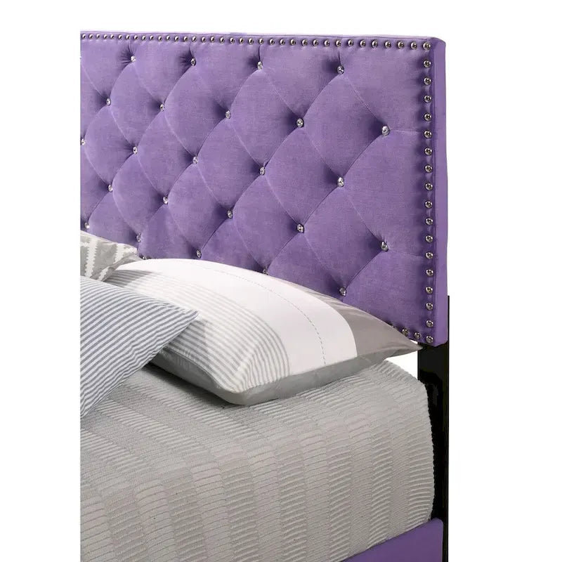 Tufted Velvet Upholstered Queen Panel Bed with Faux Jewel Accents - Purple