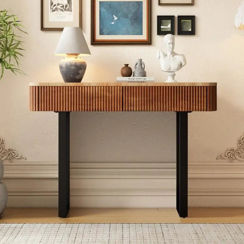 Solid Wood Entryway Console Table with Fluted Design and 2 Drawers