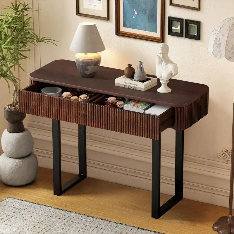 Solid Wood Entryway Console Table with Fluted Design and 2 Drawers