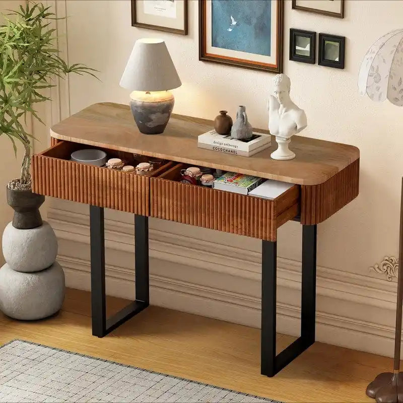 Solid Wood Entryway Console Table with Fluted Design and 2 Drawers