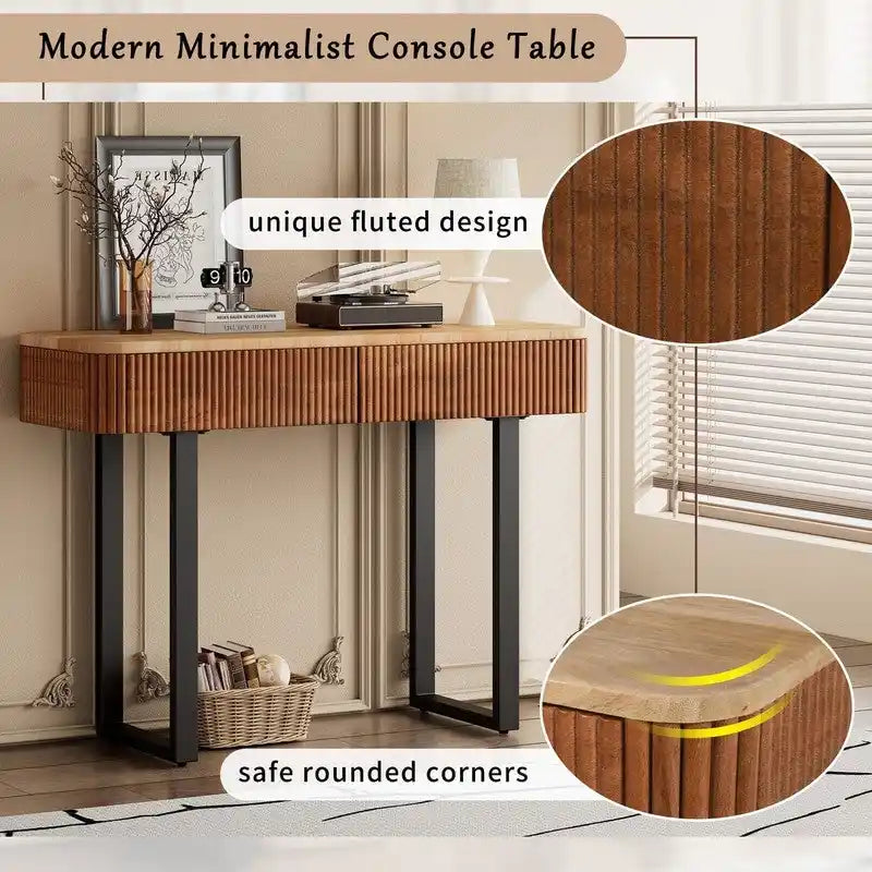 Solid Wood Entryway Console Table with Fluted Design and 2 Drawers