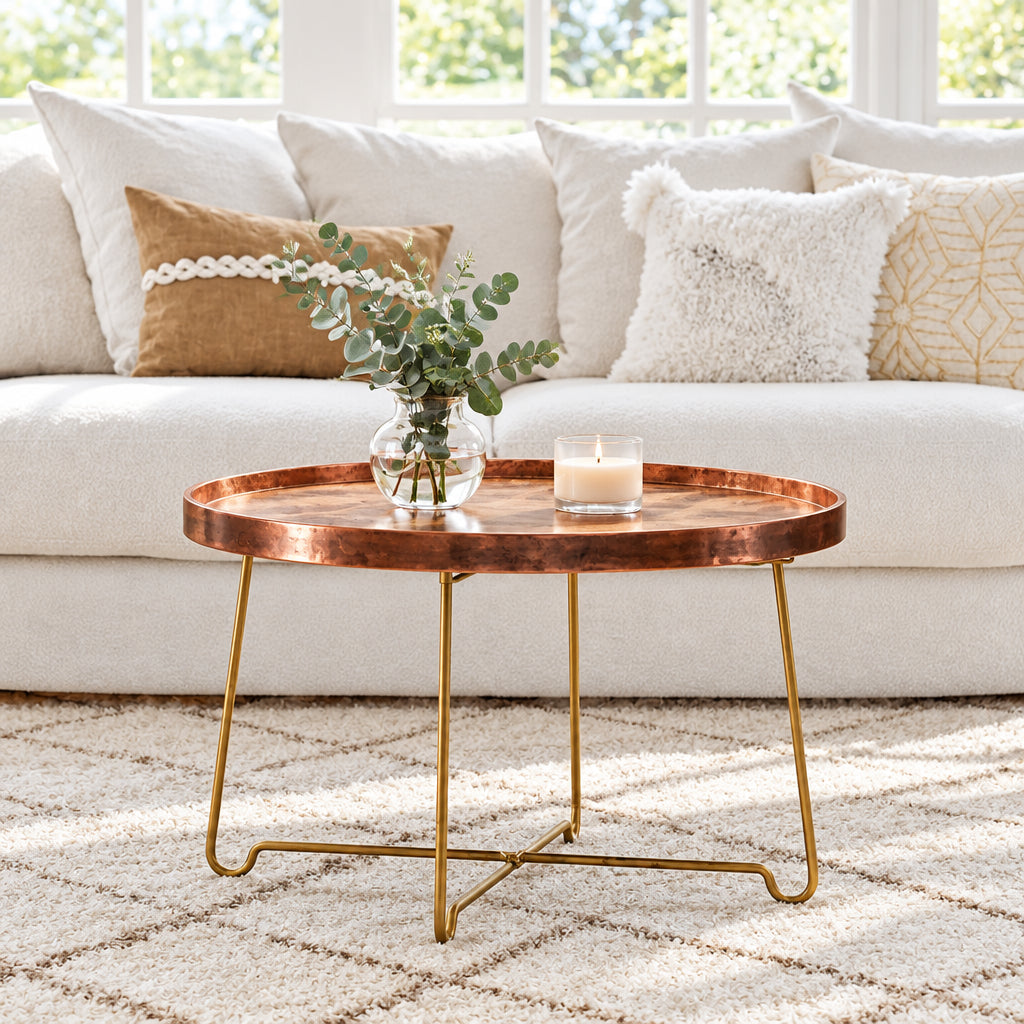 Round Natural Wood And Gold Iron Coffee Table by East at Main