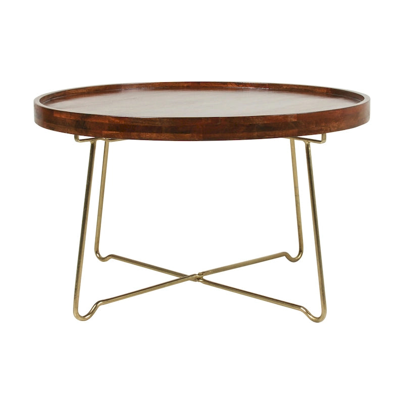 Round Mango Wood Coffee Table with Foldable Gold Iron Legs