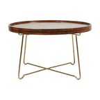 Round Mango Wood Coffee Table with Foldable Gold Iron Legs