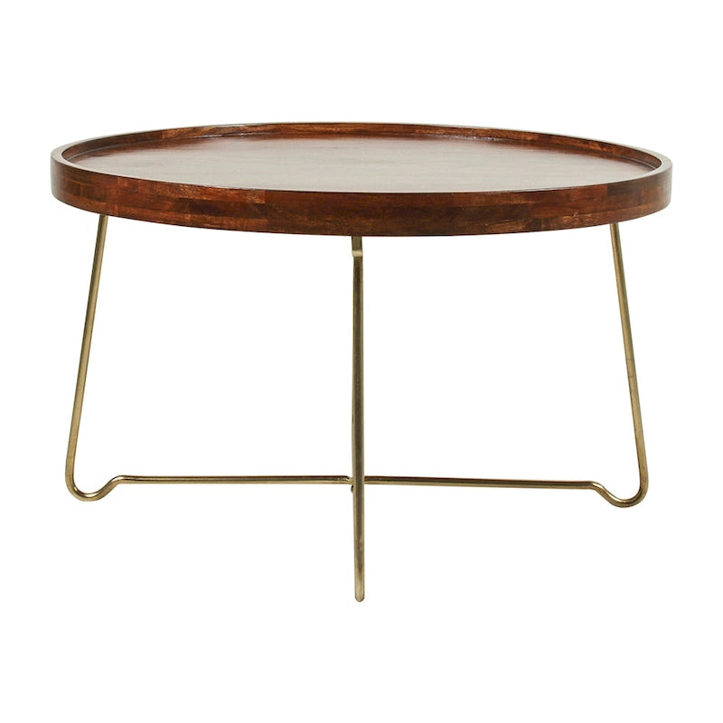 Round Mango Wood Coffee Table with Foldable Gold Iron Legs