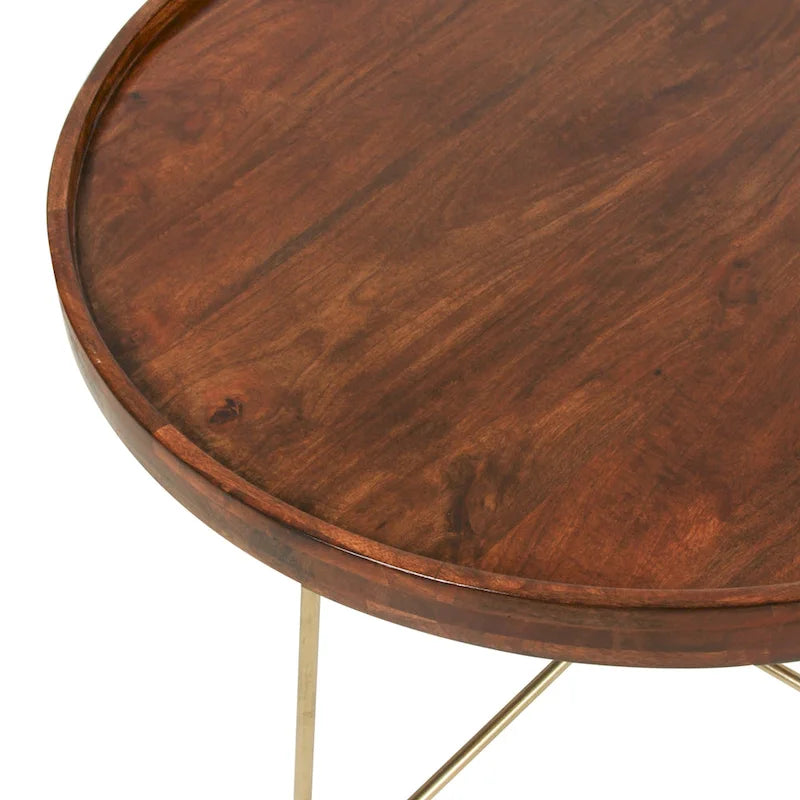 Round Mango Wood Coffee Table with Foldable Gold Iron Legs