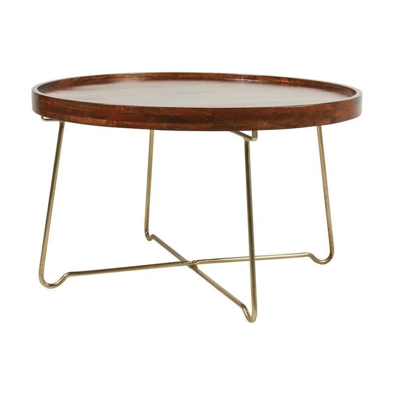 Round Mango Wood Coffee Table with Foldable Gold Iron Legs