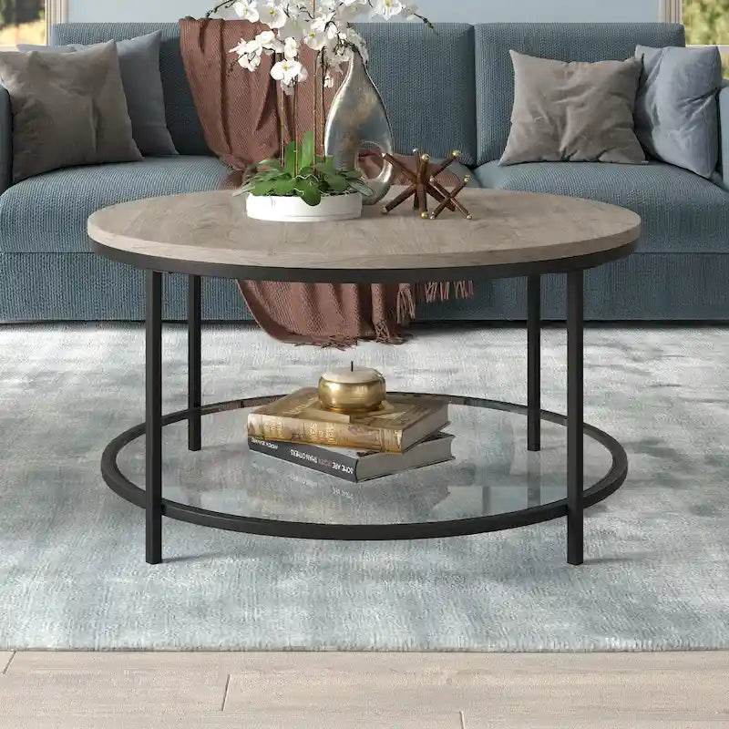 Okrągły stolik kawowy 32" z blatem MDF i szklaną półką