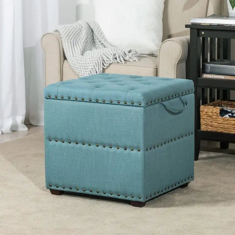 Fabric Square Ottoman with Storage and Tray