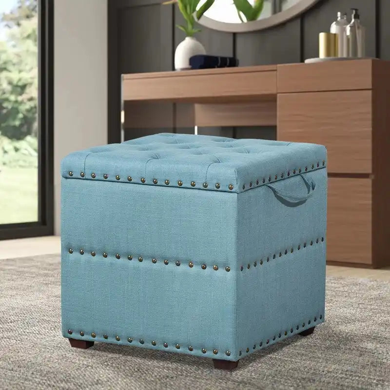 Fabric Square Ottoman with Storage and Tray