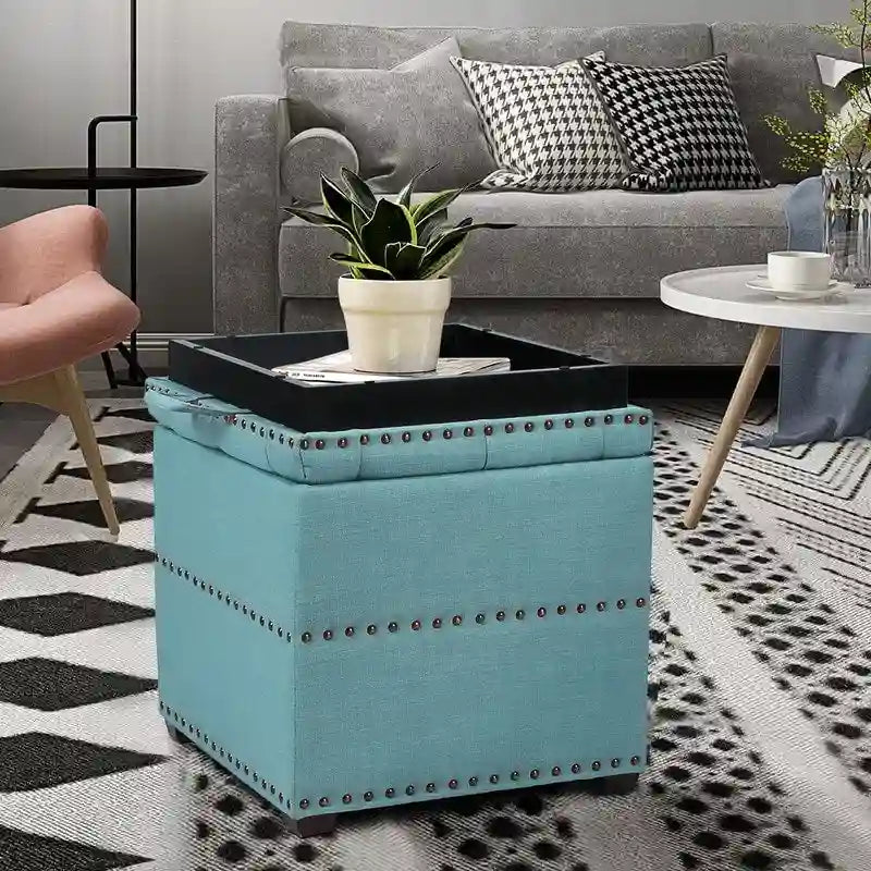 Quadratischer Hocker aus Stoff mit Stauraum und Tablett