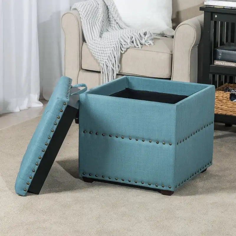 Fabric Square Ottoman with Storage and Tray