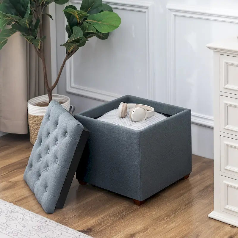 Quadratischer Hocker aus Stoff mit Stauraum und Tablett