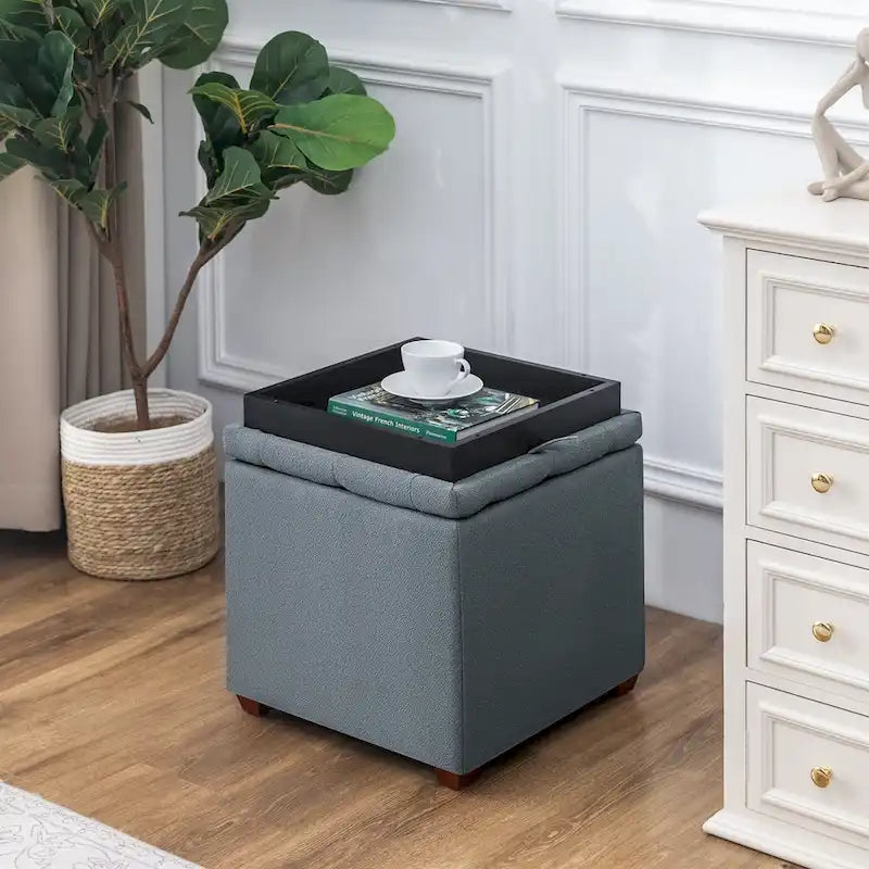 Quadratischer Hocker aus Stoff mit Stauraum und Tablett