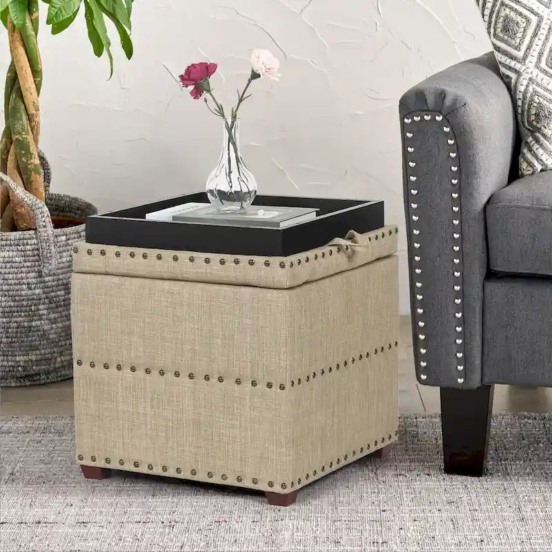 Quadratischer Hocker aus Stoff mit Stauraum und Tablett