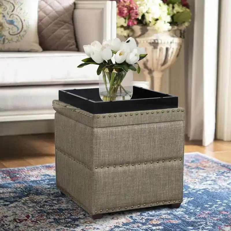 Quadratischer Hocker aus Stoff mit Stauraum und Tablett