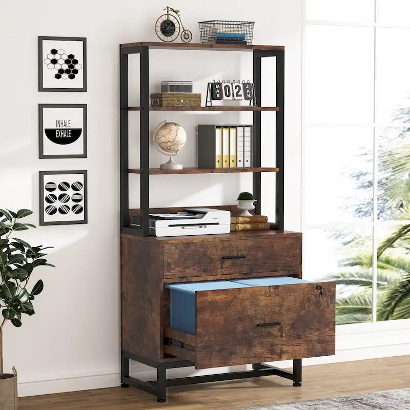 2-Drawer Vertical File Cabinet with Lock and Open Shelves