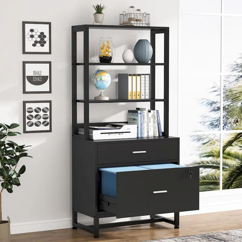 2-Drawer Vertical File Cabinet with Lock and Open Shelves