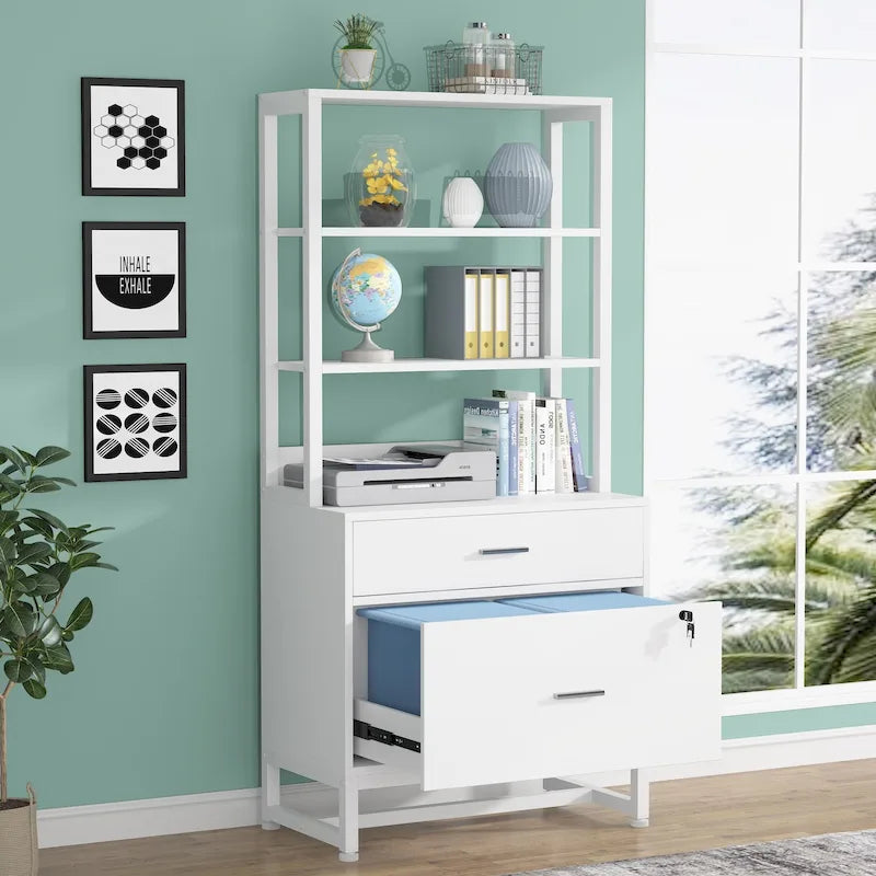 2-Drawer Vertical File Cabinet with Lock and Open Shelves