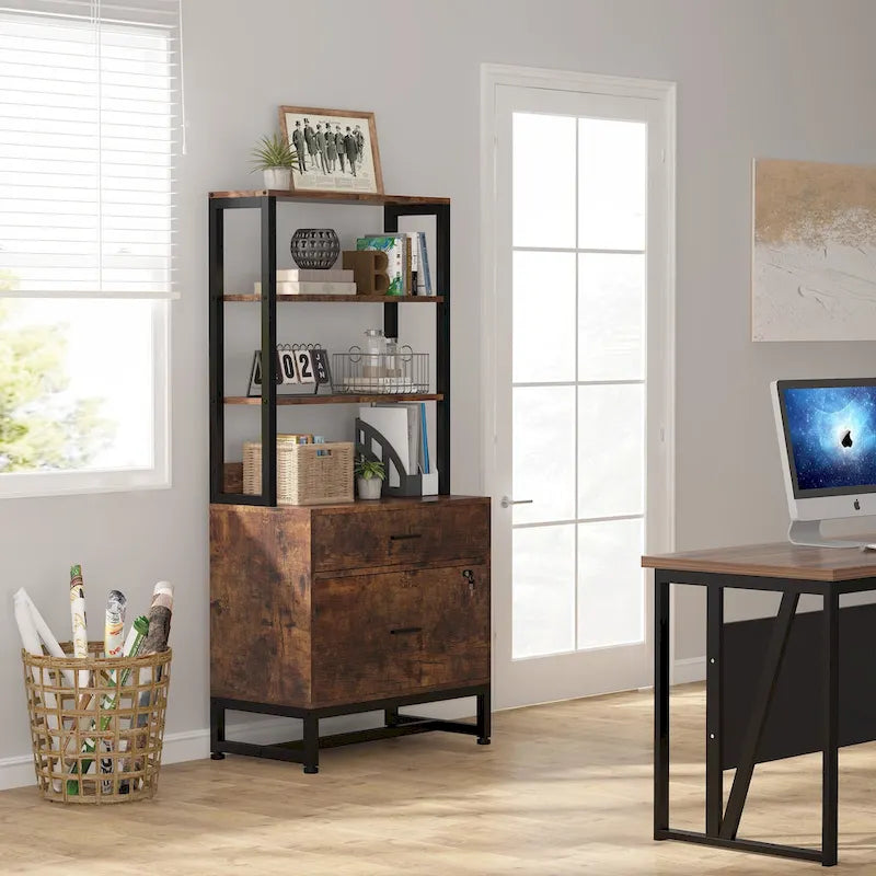 2-Drawer Vertical File Cabinet with Lock and Open Shelves