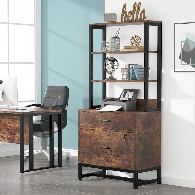 2-Drawer Vertical File Cabinet with Lock and Open Shelves