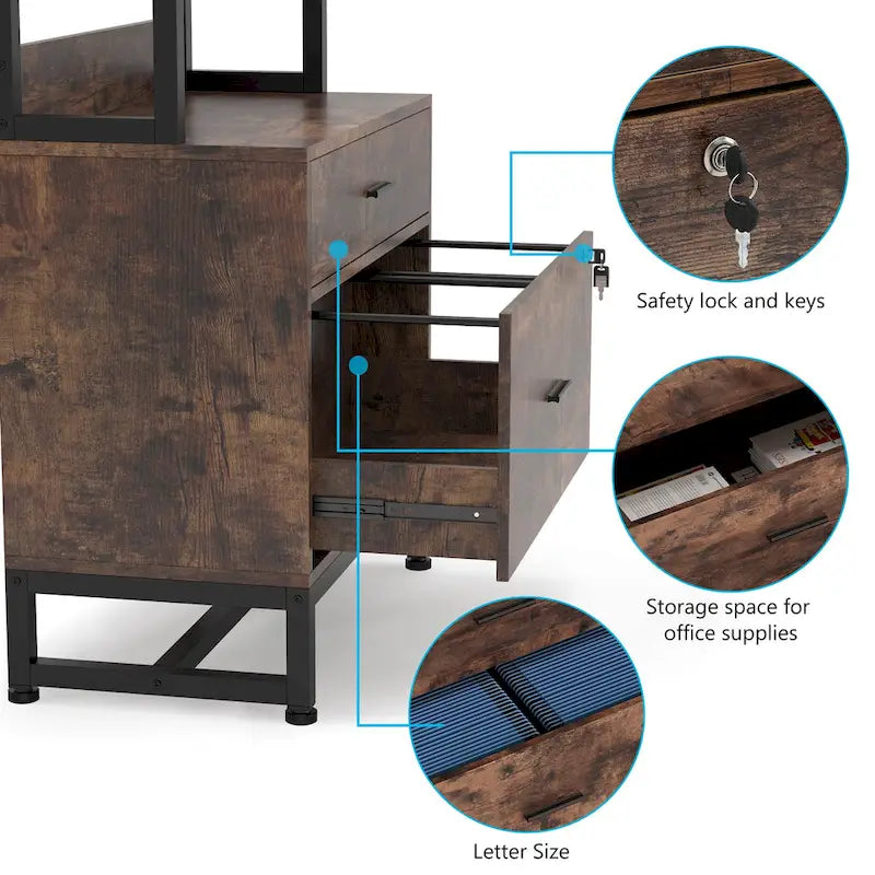 2-Drawer Vertical File Cabinet with Lock and Open Shelves