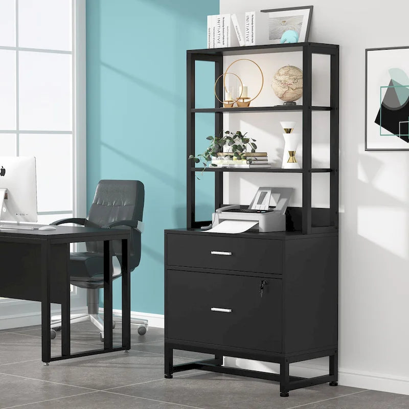 2-Drawer Vertical File Cabinet with Lock and Open Shelves