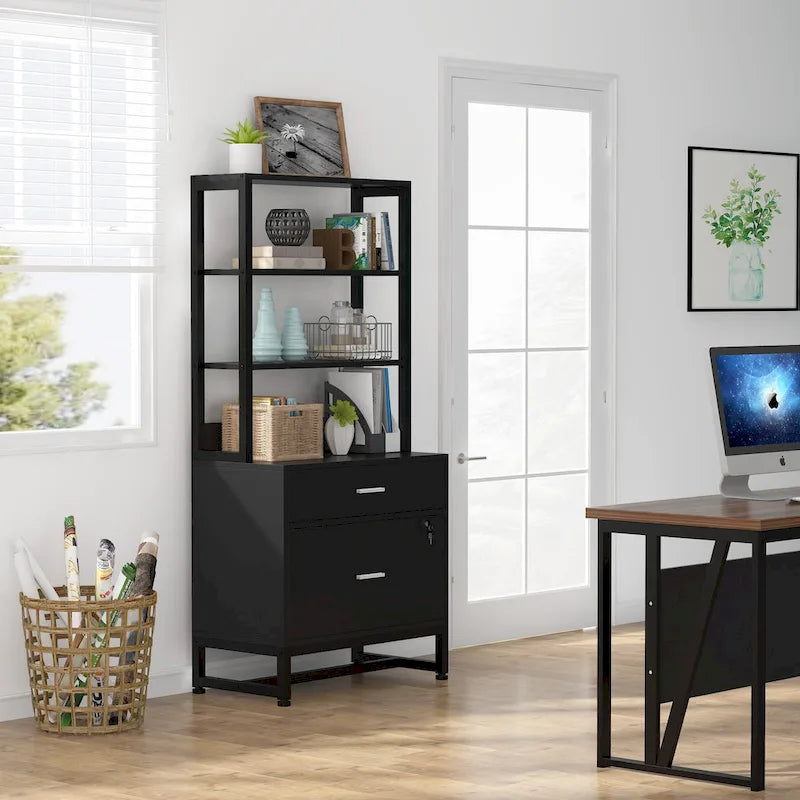 2-Drawer Vertical File Cabinet with Lock and Open Shelves