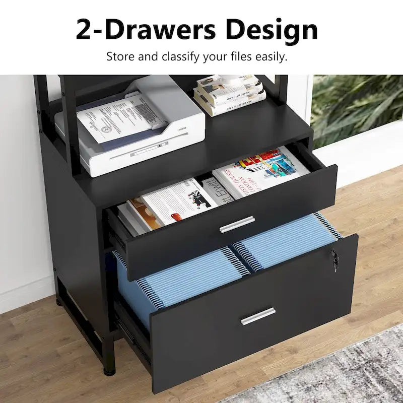 2-Drawer Vertical File Cabinet with Lock and Open Shelves