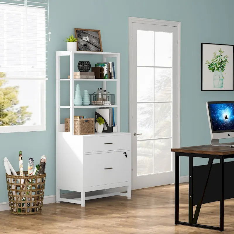 2-Drawer Vertical File Cabinet with Lock and Open Shelves