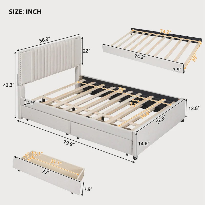 Full Size Platform Bed with Twin Trundle and Storage Drawers