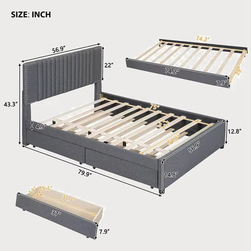Full Size Platform Bed with Twin Trundle and Storage Drawers
