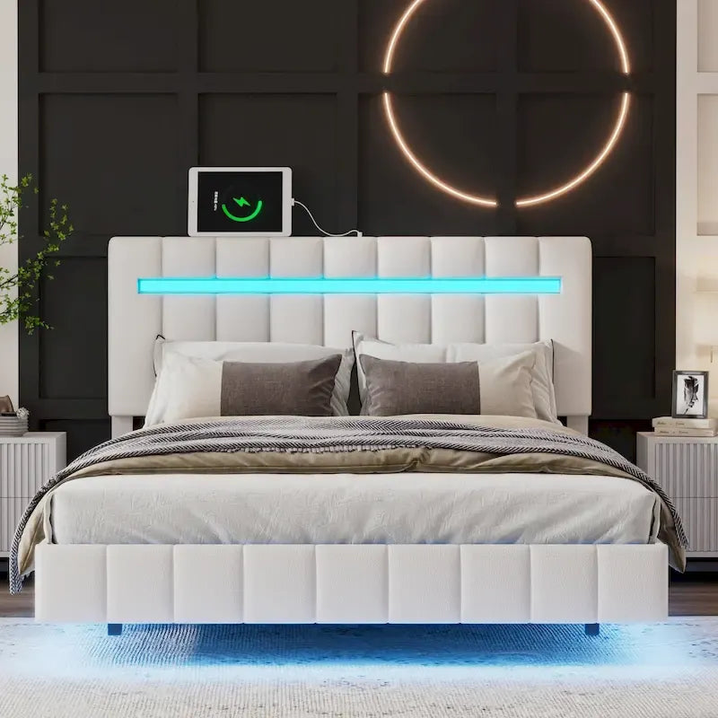 Upholstered Bed Frame with LED Lights and USB Ports