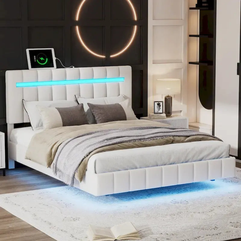 Upholstered Bed Frame with LED Lights and USB Ports