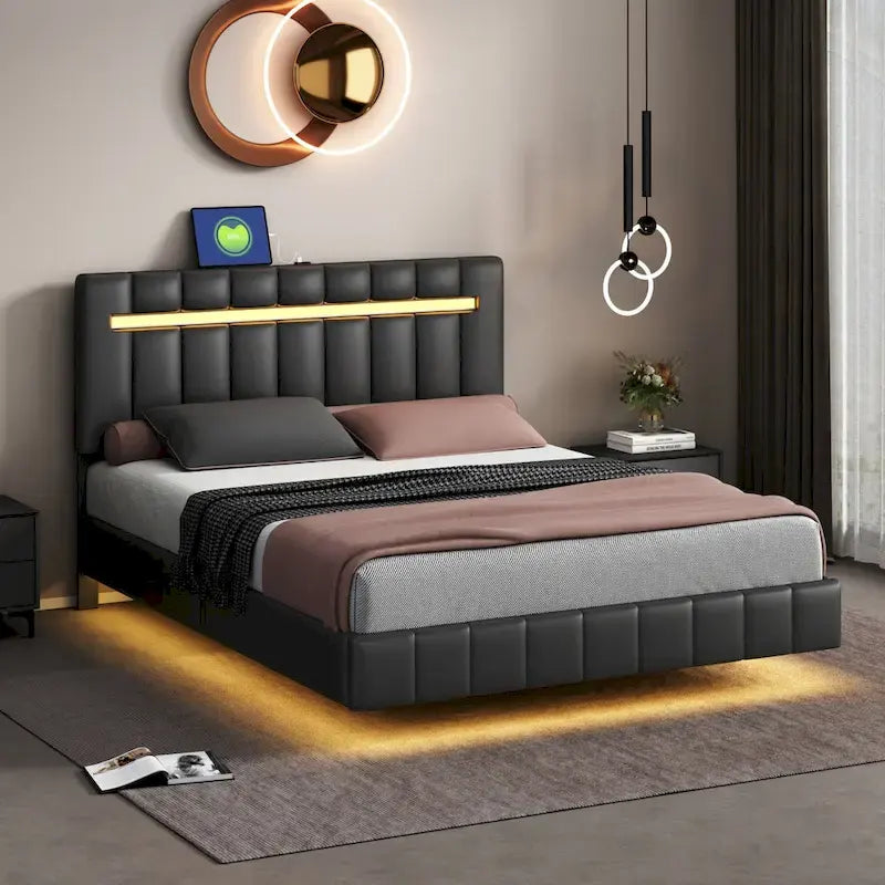 Upholstered Bed Frame with LED Lights and USB Ports