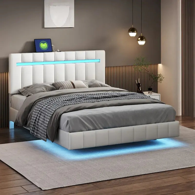 Upholstered Bed Frame with LED Lights and USB Ports