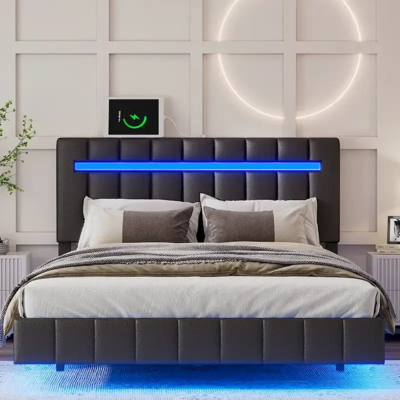 Upholstered Bed Frame with LED Lights and USB Ports