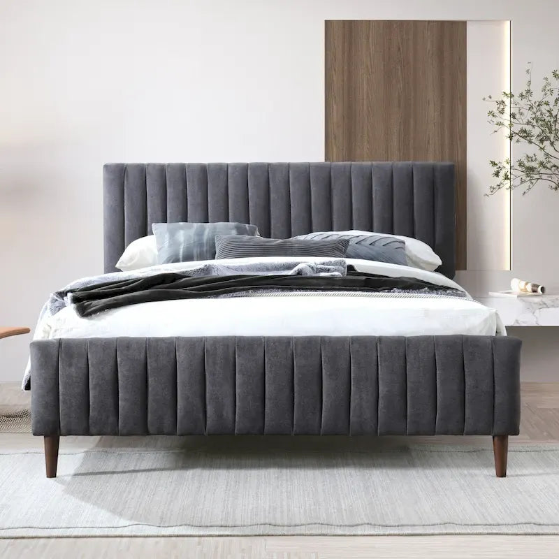 Upholstered Queen Platform Bed with Wood Legs