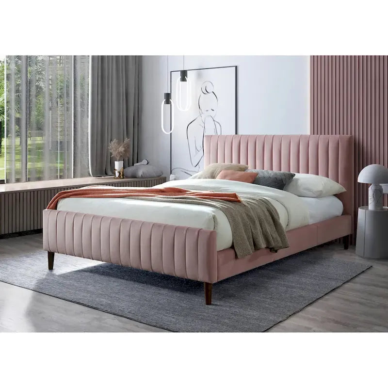 Upholstered Queen Platform Bed with Wood Legs