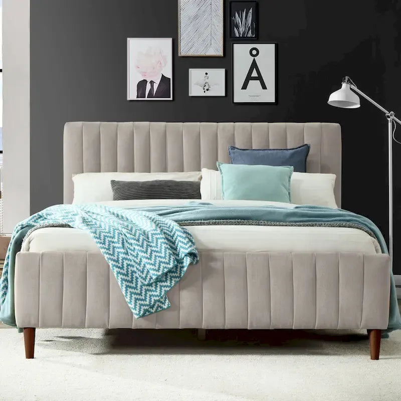 Upholstered Queen Platform Bed with Wood Legs