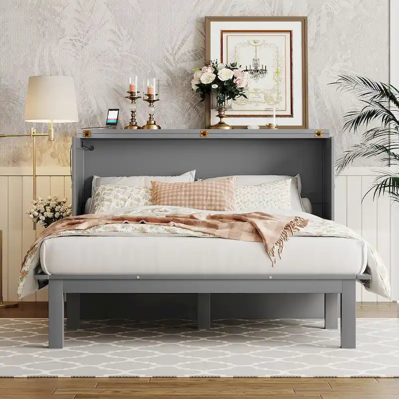 Queen Size Murphy Bed with USB Port and removable Shelves on Each Side,Gray