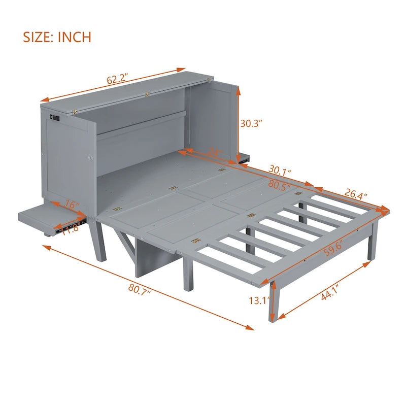 Queen Size Murphy Bed with USB Ports and Removable Side Shelves