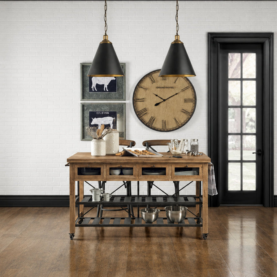 Stuart I Brown Solid Wood Top Two-Tier Black Metal Rolling Kitchen Island - 28.0L x 60.0W x 34.0H