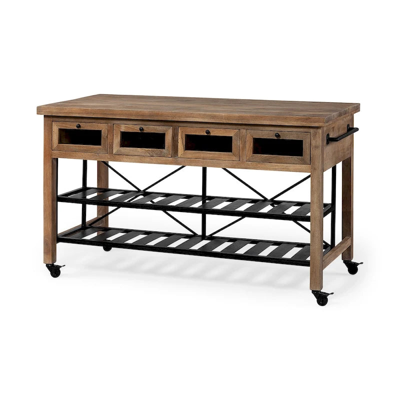 Brown Solid Wood Top Two-Tier Black Metal Rolling Kitchen Island - 28.0L x 60.0W x 34.0H
