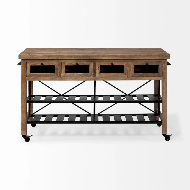 Brown Solid Wood Top Two-Tier Black Metal Rolling Kitchen Island - 28.0L x 60.0W x 34.0H