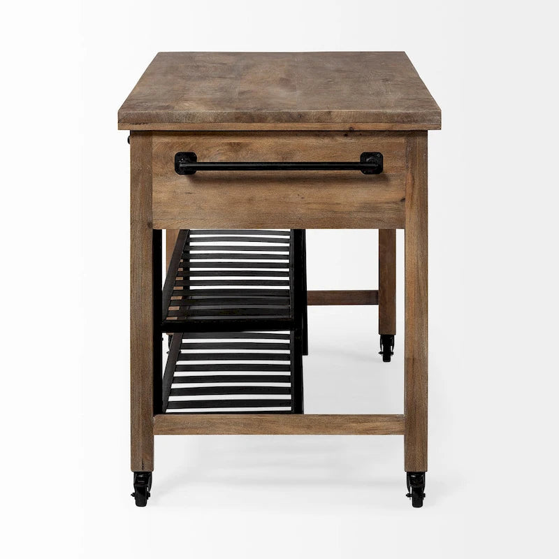 Pojízdný kuchyňský ostrůvek z černého kovu s dvouúrovňovou deskou z hnědého masivního dřeva - 28.0L x 60.0W x 34.0H